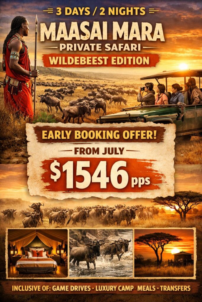 3 days 2 Nights Masai Mara Private Safari. The Great Wildebeest migration Edition July- August 20026.
The Best Experience 